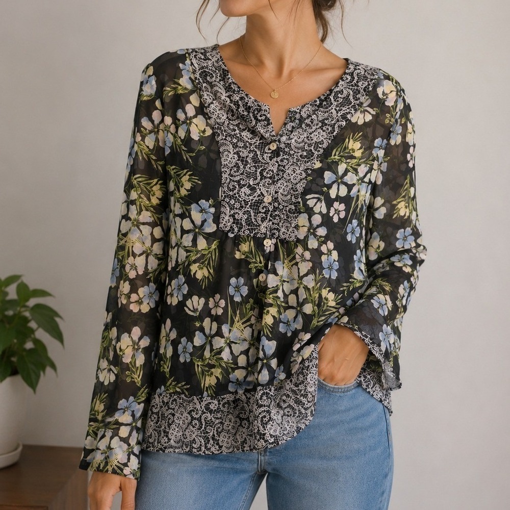 J Jill Floral Lace Trim Blouse Small Fairygrunge Romantic Sheer Dark Cottagecore